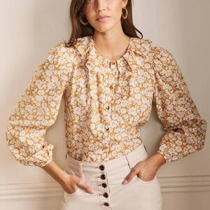 Boden Pleated Collar Long Sleeve Button Down Floral Blouse